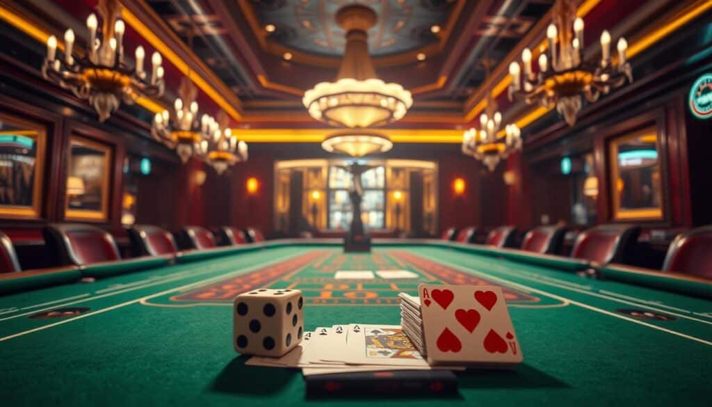 A Baccarat table with green felt, illuminated by a warm overhead light. At the center, a pair of dice and a deck of cards, symbolizing the key elements of the game. In the background, a luxurious casino interior with ornate chandeliers and rich wood paneling, conveying an atmosphere of high-stakes excitement. The scene is captured from a slightly elevated angle, giving a sense of authority and expertise on the "Baccarat winning strategy" that the image is intended to represent.