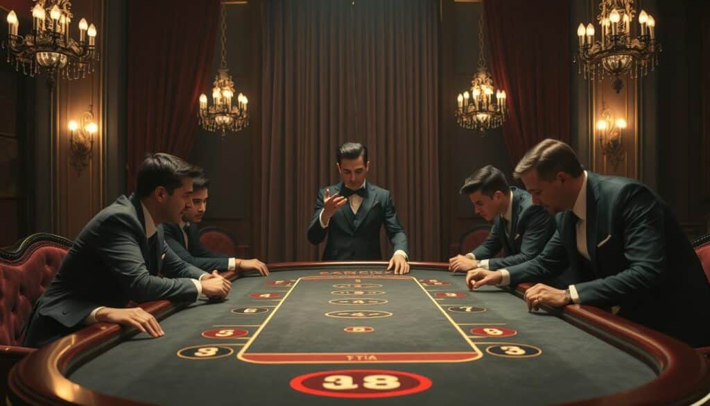A baccarat table set against a dimly lit casino interior, with plush velvet curtains and ornate chandeliers casting a warm glow. A croupier standing at the center, gesturing to players as they place their bets on the felt surface. The table is adorned with elegantly curved edges and numbered betting spots, inviting participants to explore the strategic intricacies of the game. Refined, sophisticated lighting illuminates the scene, creating an atmosphere of anticipation and excitement. The players, dressed in formal attire, lean in intently, their expressions focused as they contemplate their next moves, each decision a step towards mastering the art of baccarat.