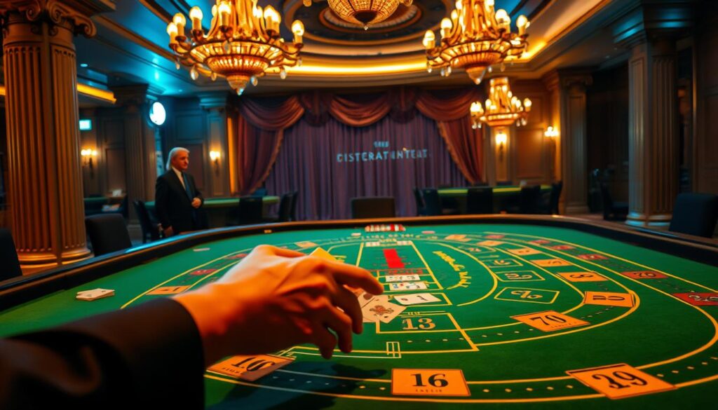 A beautifully lit casino table, the green felt shimmering under the warm glow of overhead chandeliers. On the table, an intricate layout of numbered squares and curved lines, the classic design of a Baccarat gaming surface. In the foreground, a dealer's hands skillfully dealing cards, the crisp sound of the shuffle echoing through the room. Behind the table, a backdrop of ornate columns and plush draperies, evoking the elegance and grandeur of a high-end gambling establishment. The overall atmosphere is one of sophistication, precision, and the thrill of the game, capturing the key factors that contribute to the success of Baccarat as a casino favorite.
