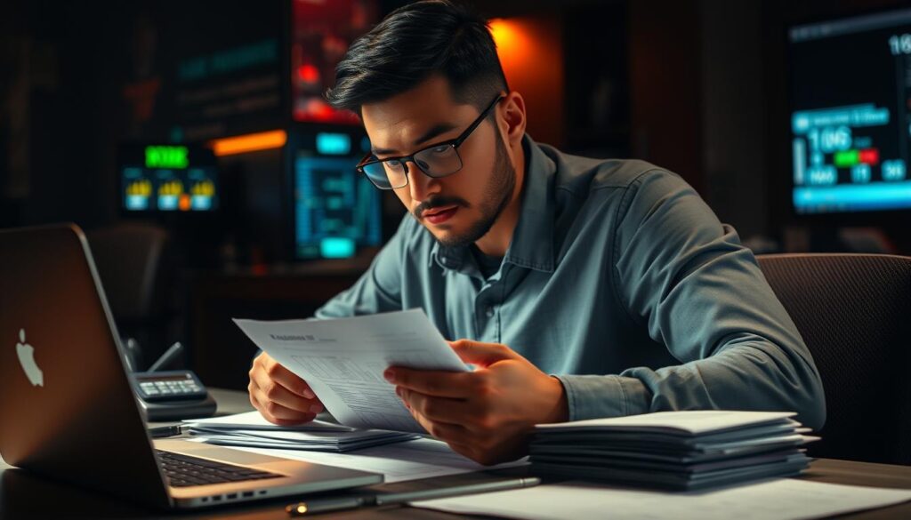 A beautifully lit, high-resolution photograph of a person carefully managing their finances. The image shows a well-organized desk with a laptop, calculator, and stacks of documents. The lighting is soft and warm, creating a sense of focus and concentration. The background is slightly blurred, gently guiding the viewer's attention to the central figure, who is intently studying the financial papers in front of them. The person's expression conveys a thoughtful, disciplined approach to their financial decisions, highlighting the importance of proper money management in the context of casino games like baccarat.