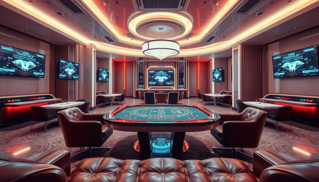 A bright, airy online casino interior with sleek, modern furniture and glowing screens showcasing a classic baccarat table. The atmosphere is one of refined sophistication, with soft lighting and a serene, calming ambiance. The camera angle is from slightly above, providing a birds-eye view of the gaming action, highlighting the convenience and accessibility of playing online. The overall scene conveys the key advantages of online baccarat - the comfort, privacy, and flexibility of playing from anywhere, coupled with the high-quality, visually-appealing experience.