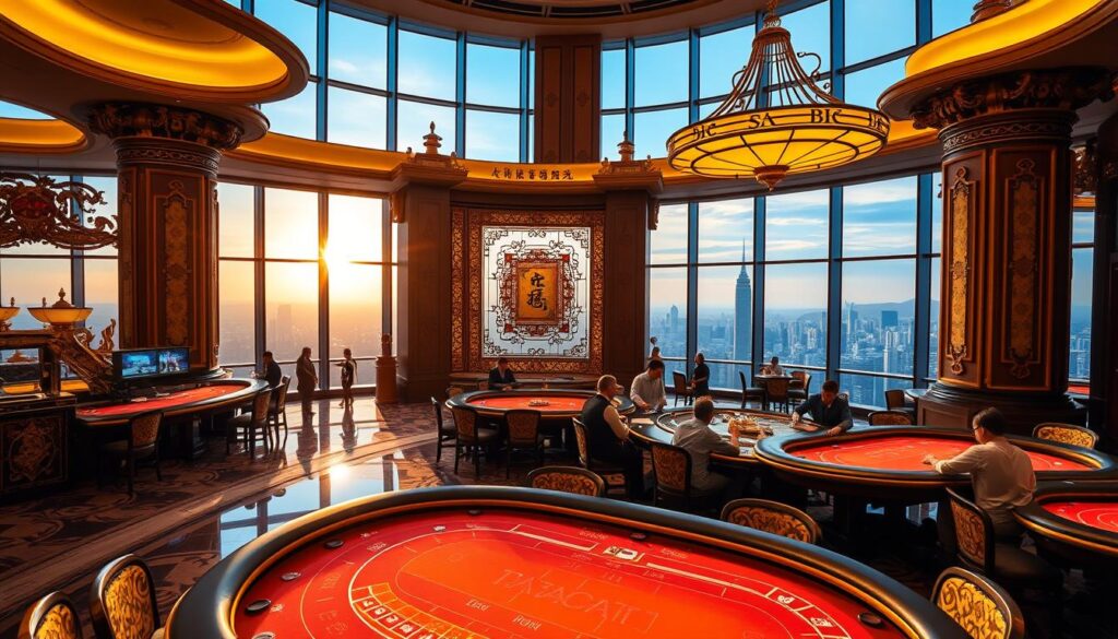 A bright, inviting casino lobby with a focal point of a lively baccarat table. In the foreground, the baccarat table is illuminated by warm, golden lighting, with players eagerly engaged in the game. The middle ground features elegant, ornate decor reminiscent of Taiwanese architecture, including intricate patterns and traditional motifs. The background showcases a panoramic view of the Taipei skyline through large windows, bathed in the soft glow of the setting sun. The overall atmosphere conveys a sense of excitement, sophistication, and the unique cultural essence of Taiwan's premier baccarat gaming experience.