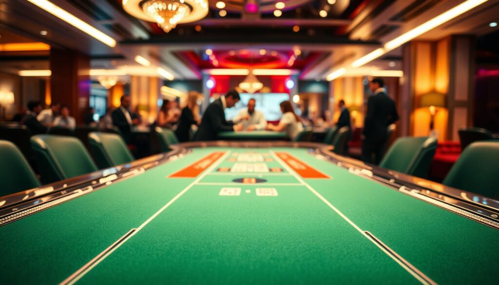 A bright, inviting table in a modern casino setting. The green felt surface of the baccarat table takes up the foreground, with elegant chrome accents and a sleek, minimalist design. The middle ground features a small gathering of players, their faces obscured, hands gesturing as they engage in the game. In the background, the casino ambiance is hinted at - warm lighting, plush furnishings, and the faint sounds of lively conversation and clinking glasses. The overall mood is one of sophisticated excitement, enticing the viewer to imagine themselves immersed in the thrilling experience of a free baccarat game.