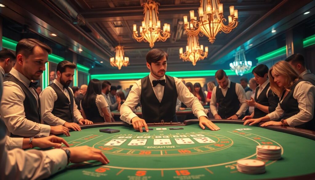 A brightly lit baccarat table, the green felt surface reflecting the warm glow of overhead chandeliers. Elegant croupiers in crisp white shirts and black vests stand ready, their hands poised to deal the cards. Players gather around, expressions focused as they place their bets, anticipation building. The table is a study in symmetry, with the dealer's position at the center, flanked by two rows of players. The scene conveys an air of sophistication and excitement, capturing the essence of the classic casino game of baccarat.