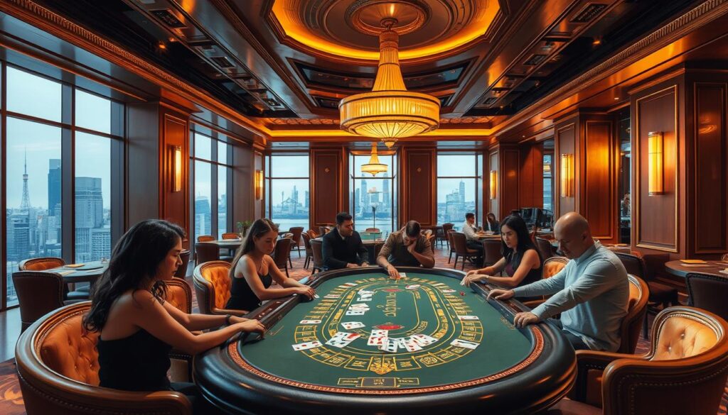 A brightly lit casino interior with a central baccarat table surrounded by elegant wooden furnishings and plush upholstery. Sophisticated lighting fixtures cast a warm glow, creating an inviting atmosphere. In the foreground, players are engaged in the game, their faces focused as cards are dealt and bets are placed. Ornate, gilded detailing on the table and chairs adds a touch of luxury. The background features a panoramic view of the city skyline through large windows, suggesting an urban, high-end setting. The overall scene conveys the excitement and allure of an immersive online baccarat experience.