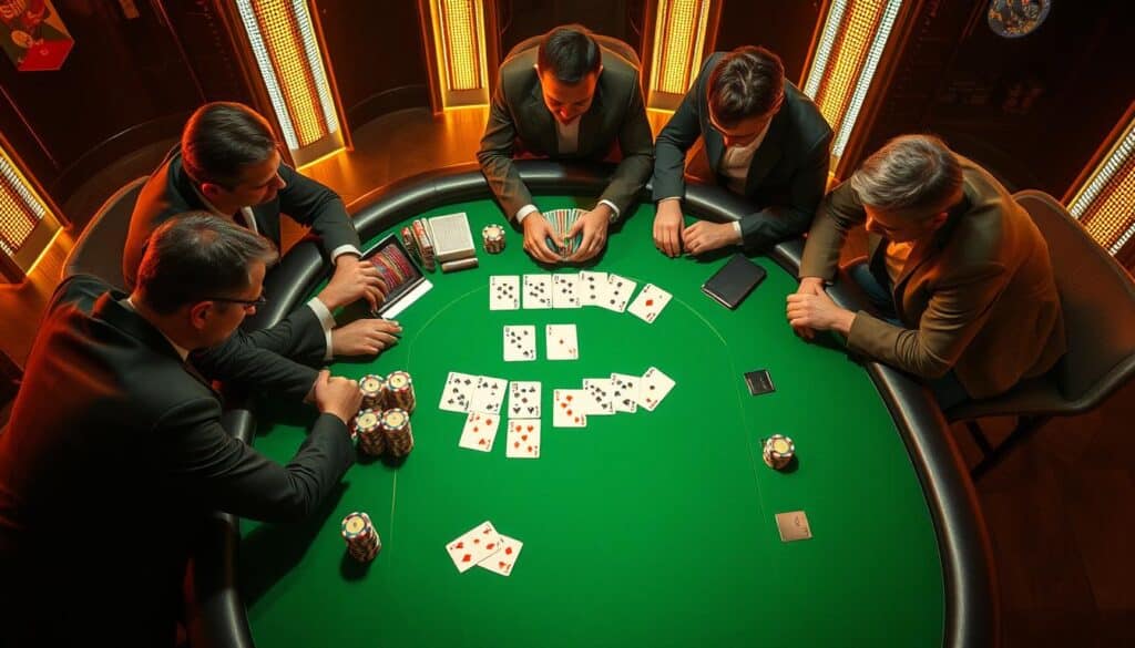 A brightly lit casino table, the felt surface gleaming under warm, golden lighting. Stacks of colorful gaming chips are neatly arranged, inviting the player to strategize their next move. In the center, the iconic Baccarat cards are dealt with precision, revealing the unfolding game. Surrounding the table, the atmosphere is one of calculated risk and anticipation, as seasoned players lean in, studying the cards intently, their expressions a mix of focus and excitement. The camera angle captures the scene from an overhead perspective, providing a comprehensive view of the tactical layout and the players' decision-making process. This image encapsulates the essence of the "常見策略與實戰技巧" section, showcasing the sophisticated techniques and strategic thinking required to master the art of Baccarat.
