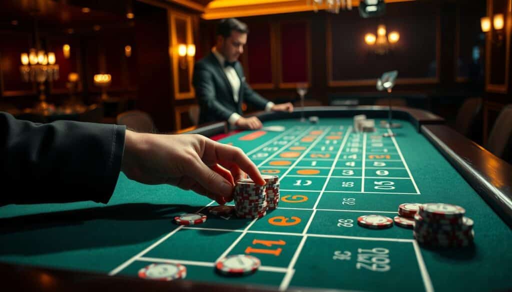 A brightly lit, high-resolution image of a casino table showcasing various baccarat betting strategies. In the foreground, a player's hands are placing chips on the table, demonstrating different betting patterns and systems. The middle ground features the baccarat table itself, with a green felt surface and a croupier standing by, ready to manage the game. The background is dimly lit, evoking the atmosphere of a sophisticated casino, with warm lighting and subtle details that accentuate the elegance of the setting. The overall composition conveys a sense of strategy, calculation, and the thrill of baccarat gameplay.