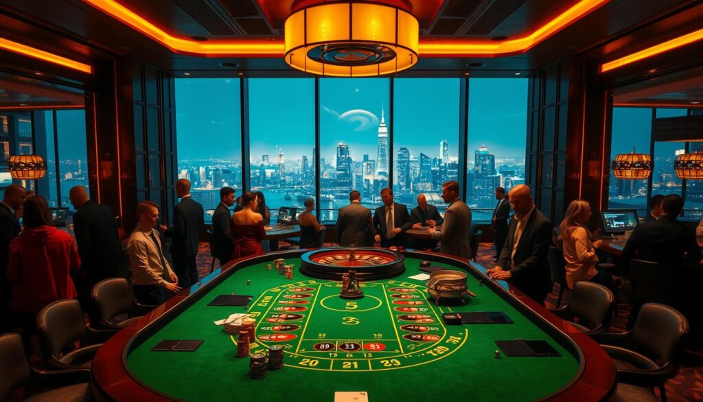 A brightly lit, modern casino interior with a central gaming table surrounded by well-dressed patrons. The table features a classic green felt surface and an array of chips, cards, and roulette wheels. Warm lighting casts a subtle glow, creating an atmosphere of excitement and anticipation. In the background, a panoramic view of the city skyline is visible through large windows, hinting at the high-stakes nature of the establishment. The scene conveys a sense of elegance, sophistication, and the thrill of high-stakes gambling.