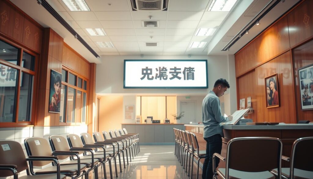 A brightly lit office interior with a counter and rows of chairs, conveying a sense of efficiency and professionalism. In the foreground, a person standing at the counter, filling out paperwork. Behind the counter, a sign clearly displays the text "獎金兌領程序" in Chinese characters. The walls are adorned with decorative patterns and artwork, creating a welcoming atmosphere. Natural light streams in through large windows, casting a warm glow over the scene. The overall impression is one of a well-organized, customer-friendly process for claiming winnings, reflecting the article's focus on avoiding delays or issues with the payout procedure.
