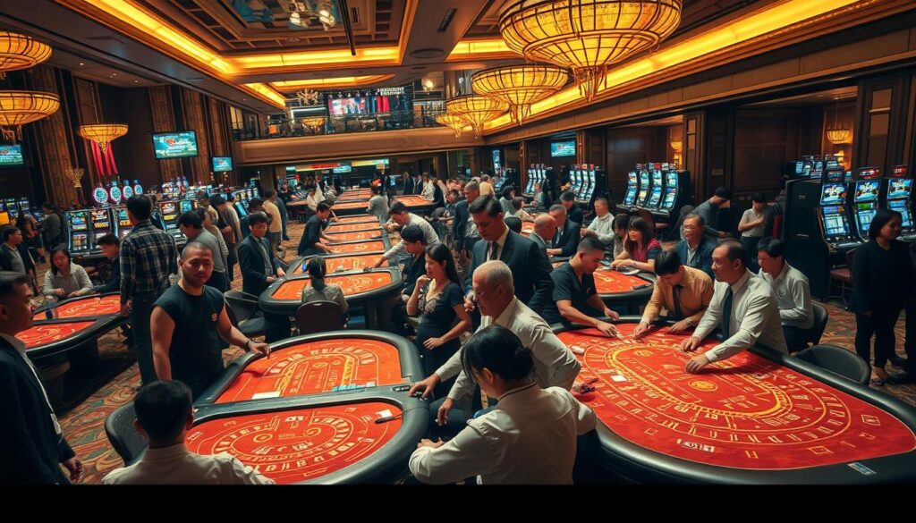 A bustling Baccarat market in Taiwan, captured under the warm glow of natural light. The scene unfolds with rows of casino tables, their felt surfaces adorned with intricate patterns. Dealers in crisp uniforms engage with players, the air thick with the anticipation of each roll. Onlookers crowd around, their faces alight with excitement, drawn to the allure of the game. In the background, a panoramic view of the casino's interior unfolds, with towering ceilings, ornate decor, and the subtle hum of slot machines. The atmosphere is electric, reflecting the unique character of Taiwan's Baccarat gambling culture.