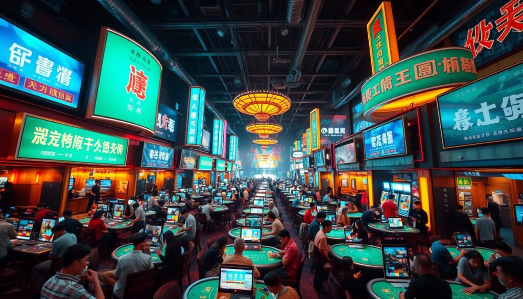 A bustling Baccarat market in Taiwan, with an array of gaming tables, neon-lit signage, and a lively atmosphere. The scene is captured with a wide-angle lens, showcasing the dynamic layout of the venue - rows of tables surrounded by crowds of players, their faces illuminated by the glow of the green felt. The lighting is a mix of warm, golden tones from overhead fixtures and the cool, electric blue hues of digital displays. The overall mood conveys the thrill and excitement of the Baccarat gaming experience, with a sense of energy and anticipation permeating the space.