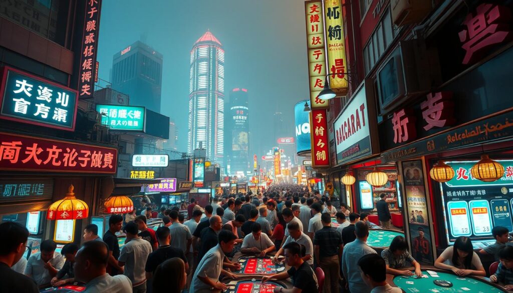 A bustling Baccarat market in Taiwan, with brightly lit storefronts and signage in traditional Chinese characters. Crowds of people gather around gaming tables, intense expressions on their faces as they place bets and watch the cards unfold. The atmosphere is electric, a mix of excitement, anticipation, and the occasional burst of celebration. In the background, neon lights and towering skyscrapers create a vibrant urban landscape, hinting at the thriving nature of this specialized gambling hub. Capture the essence of the market's unique character, with a focus on the dynamic interplay between the players, the gaming, and the surrounding environment.