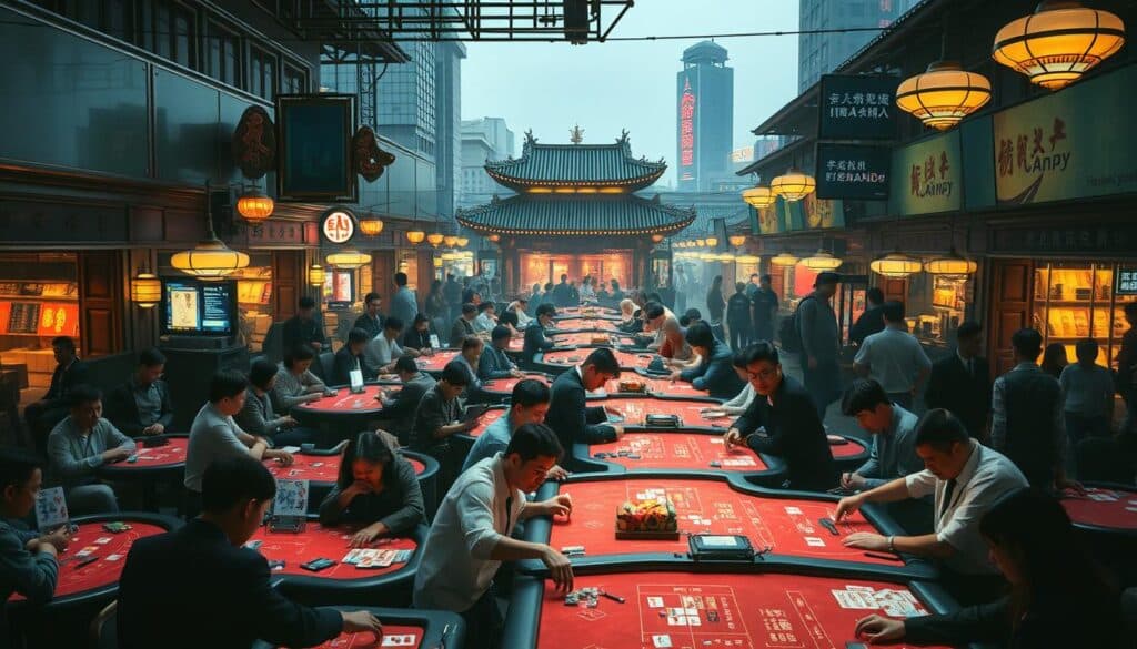 A bustling Baccarat market in Taiwan, with rows of gaming tables and crowds of players engrossed in the excitement of the cards. Soft, ambient lighting casts a warm glow over the scene, while the tables are illuminated by task lighting, highlighting the concentration on the players' faces. The middle ground is filled with the movement of dealers and croupiers, their hands deftly handling the cards and chips. In the background, a mix of traditional and modern architecture frames the market, reflecting the blend of old and new in Taiwan's gaming landscape. The atmosphere is one of intense focus, with an underlying current of anticipation and the thrill of the game.