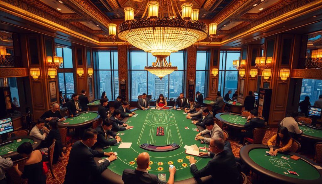 A bustling Macau casino interior, with a lively baccarat table as the focal point. Ornate chandeliers cast a warm glow over the green felt table, surrounded by well-dressed players engaged in the game. In the background, glimpses of ornate decor, gilded accents, and large windows overlooking the city skyline create an atmosphere of high-end luxury and excitement. The image conveys the energy and allure of the Taiwanese baccarat gaming craze, inviting the viewer to imagine themselves immersed in the thrill of the game.
