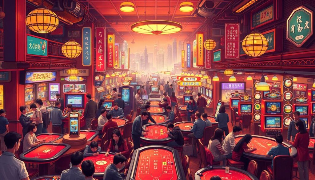 A bustling Taiwanese Baccarat gaming market, captured in a richly detailed illustration. The foreground depicts the lively atmosphere of the market, with crowds of enthusiastic players gathered around the baccarat tables, their faces animated with concentration and excitement. The middle ground showcases the variety of gaming options, from traditional baccarat to modern electronic tables, all bathed in the warm glow of overhead lighting. In the background, the market is framed by a vibrant cityscape, hinting at the broader cultural and economic context of this thriving gaming hub. The scene exudes a sense of energy and immersion, reflecting the passion and expertise of Taiwanese baccarat enthusiasts.
