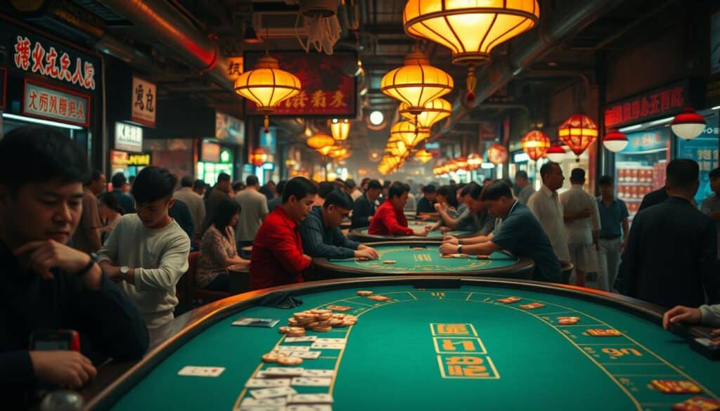 A bustling Taiwanese Baccarat market, filled with the energy of intense gameplay and the vibrant culture of local gamblers. In the foreground, the felt-topped tables are illuminated by the warm glow of overhead lamps, inviting players to test their luck. The middle ground showcases the diverse crowd, from seasoned high-rollers to casual enthusiasts, all intently focused on the cards and chips. In the background, the market's vibrant atmosphere is captured through the blurred silhouettes of vendors and spectators, creating a sense of immersion. The scene is bathed in a soft, cinematic light, lending an air of mystique and excitement to the Baccarat experience.