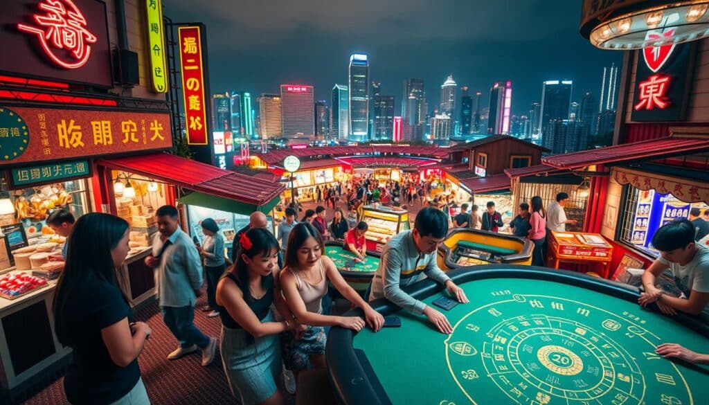 A bustling Taiwanese night market, with vibrant stalls and neon signs illuminating the scene. In the foreground, a group of friends gathered around a baccarat table, their faces alight with excitement as they place their bets. The table is adorned with intricate patterns and a green felt surface, evoking the elegance of the game. In the middle ground, the market is alive with the hum of activity, people browsing stalls selling local delicacies and handicrafts. The background is a panoramic view of the city skyline, skyscrapers and high-rises reaching up towards the night sky, casting a warm glow over the entire scene. The lighting is a blend of warm, neon tones and cooler hues, creating a dynamic and vibrant atmosphere. The camera angle is slightly elevated, providing a birds-eye view of the bustling night market and the players at the baccarat table.