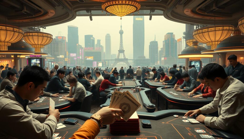 A bustling baccarat market emerges, its tables crowded with strategic players. In the foreground, a dealer skillfully shuffles cards, their deft movements capturing the thrill of the game. The middle ground showcases the diverse clientele, from seasoned high-rollers to eager newcomers, all drawn by the allure of fortune's favor. In the background, a panoramic view of the market reveals its rapid growth, with towering neon-lit casinos and vibrant nightlife, reflecting the rising popularity of this age-old pastime. Soft, warm lighting imbues the scene with an air of excitement and anticipation, hinting at the boundless potential of this thriving baccarat marketplace.