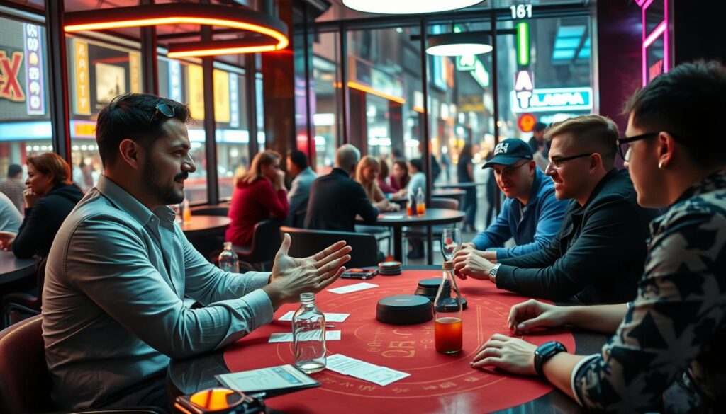 A bustling cafe setting, with a group of friends gathered around a table, engaged in lively conversation. In the foreground, a player shares their story, gesticulating enthusiastically as they recount their journey to success in the thrilling world of Baccarat. The middle ground features a vibrant, modern decor, with sleek furniture and warm lighting, creating an inviting atmosphere. In the background, the cafe's large windows offer a view of a bustling city street, adding a sense of energy and liveliness to the scene. The overall mood is one of camaraderie, inspiration, and a shared passion for the game, captured through a cinematic, documentary-style lens.