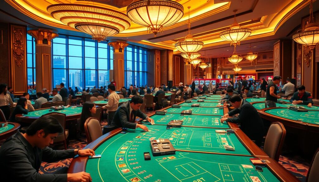 A bustling casino floor in Taipei, Taiwan, bathed in warm, inviting lighting. Rows of baccarat tables occupy the foreground, their green felt surfaces gleaming under the soft glow of overhead chandeliers. Patrons lean intently over the tables, their faces a mix of concentration and excitement as they place their bets. In the middle ground, the casino's opulent decor comes into view - ornate columns, gilded accents, and plush carpeting. The background reveals the city skyline visible through large windows, hinting at the vibrant urban landscape beyond the casino's walls. An atmosphere of anticipation and potential prosperity permeates the scene, capturing the essence of Taiwan's thriving baccarat gaming market.