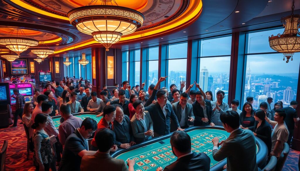 A bustling casino floor in Taiwan, dimly lit with warm, inviting lighting. In the foreground, a group of jubilant players crowd around a baccarat table, their faces alight with excitement as they celebrate a big win. The middle ground showcases the elegant, ornate decor of the casino, with intricate chandeliers and plush furnishings. In the background, a panoramic view of the city skyline can be seen through large, panoramic windows, hinting at the broader success story of Taiwanese baccarat players. The scene conveys a sense of triumph, prosperity, and the thrill of the game.