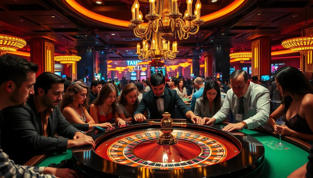 A bustling casino interior, bathed in warm lighting. At the center, a vibrant live roulette table, surrounded by engaged players leaning in, their expressions animated as they interact with the dealer. The table's green felt surface reflects the intensity of the game, while the dealer's skilled hands spin the wheel. Overhead, a grand chandelier casts a soft, golden glow, creating an atmosphere of excitement and anticipation. The background is filled with the chatter of other gaming tables and the occasional clinking of glasses, immersing the viewer in the dynamic energy of a true live casino experience.