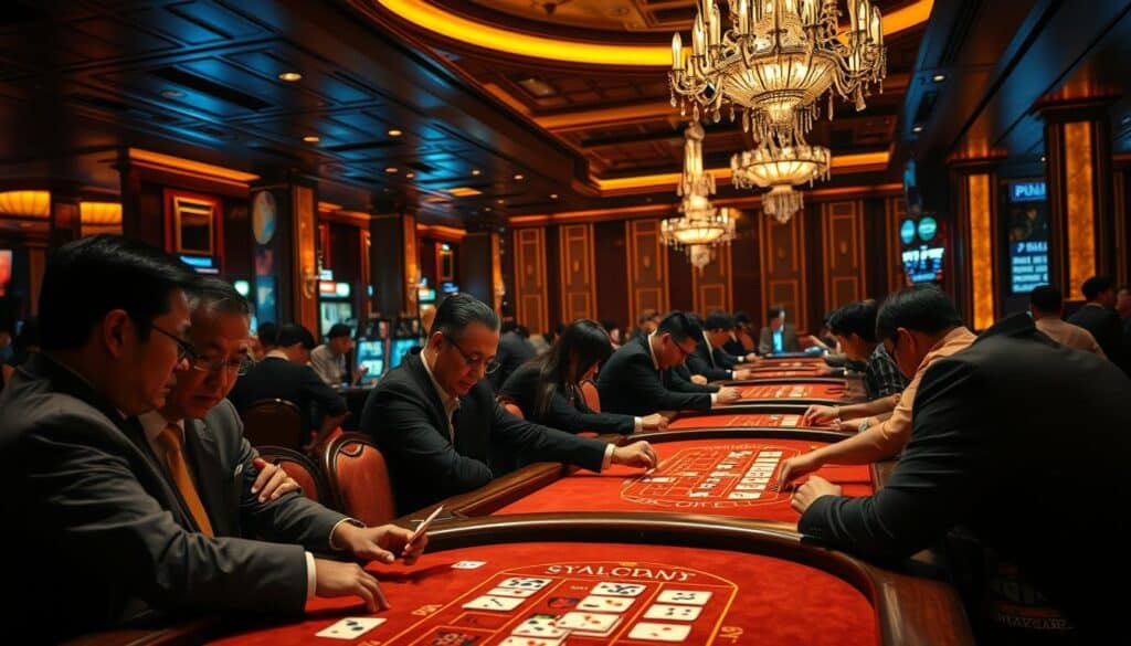 A bustling casino interior, dimly lit with warm amber hues, highlights the allure of the baccarat tables. Sophisticated gamblers in elegant attire lean over the felt-covered surfaces, their expressions of concentration and anticipation reflected in the polished wood. Overhead, a grand crystal chandelier casts a soft, inviting glow, while the faint sounds of shuffling cards and the occasional cheer from a nearby blackjack table create an atmosphere of excitement and possibility. The scene captures the enduring popularity of baccarat, a game that has captivated Taiwanese players and casino-goers alike.