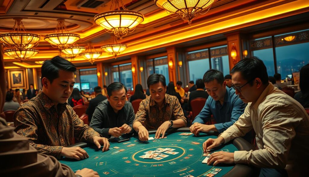 A bustling casino interior, dimly lit with warm amber tones. In the foreground, a group of Taiwanese players gathered around a baccarat table, intensely focused on their cards and chips. Their expressions reflect a mix of determination and calculated strategy. The middle ground features the lavish decor of the casino - ornate chandeliers, gilded accents, and plush furnishings. In the background, a panoramic view of the city skyline outside, hinting at the broader context of the gaming scene. The scene is captured with a cinematic, high-contrast lens, creating a sense of drama and tension. This image conveys the analytical approach and strategic mindset of Taiwanese baccarat players in the heart of a thriving casino environment.