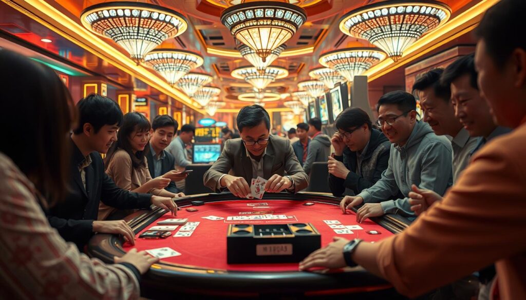 A bustling casino interior in Taipei, Taiwan, with neon-lit tables and eager gamblers gathered around a lively game of Baccarat. The scene is bathed in a warm, golden glow, creating an inviting and atmospheric ambiance. In the middle ground, the dealer deftly shuffles the cards, their movements captured in a frozen moment of excitement. Around the table, faces are animated, expressions ranging from intense concentration to joyful triumph. The background is filled with the elegant decor of the casino, transporting the viewer to the heart of Taiwan's thriving gambling culture. The composition emphasizes the energy and popularity of Baccarat, a game that has captured the hearts of many Taiwanese players.