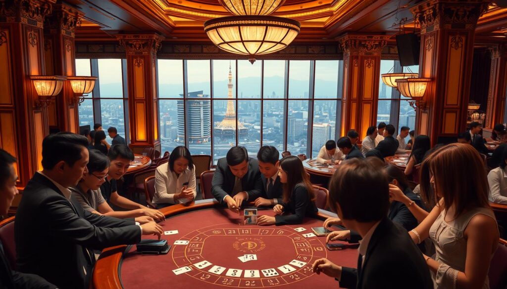 A bustling casino interior in Taiwan, with a lively Baccarat table at the center. Warm, golden lighting casts a cozy glow, reflecting off the polished wood surfaces. Smartly dressed patrons lean in, their faces filled with anticipation as the cards are dealt. The table is surrounded by ornate columns and intricate architectural details, conveying a sense of elegance and tradition. In the background, a panoramic view of the Taipei skyline can be seen through large windows, emphasizing the prominence of this popular casino game within the local landscape. The overall atmosphere is one of excitement and immersion, capturing the allure of Baccarat's enduring appeal in Taiwan.