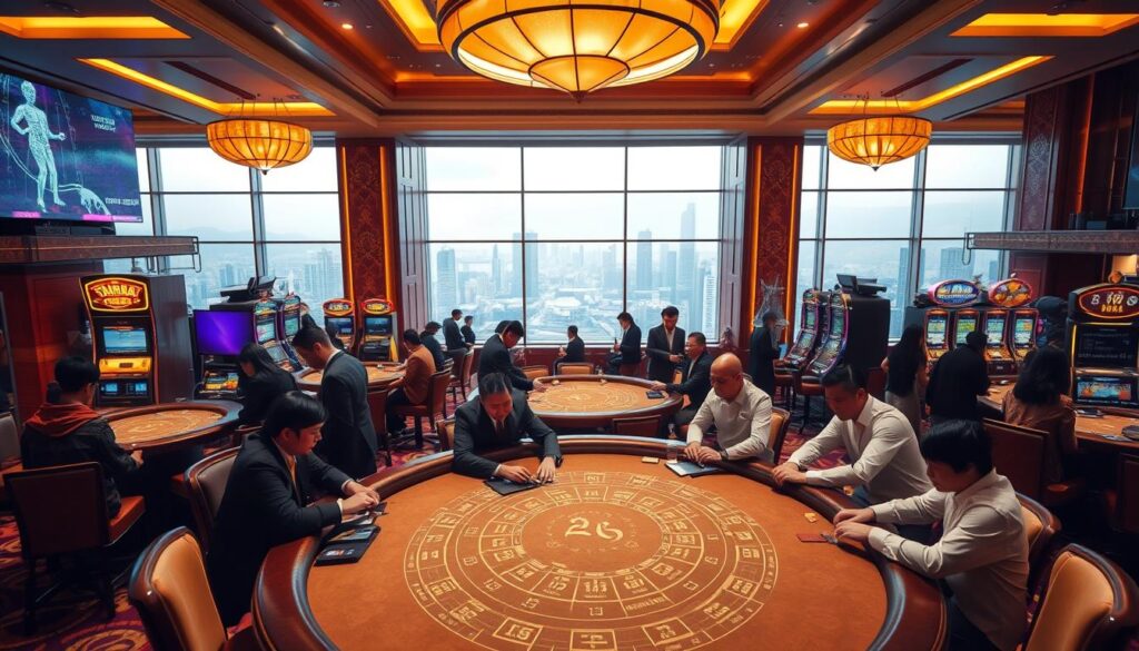 A bustling casino interior with a central baccarat table in the foreground, surrounded by well-dressed patrons engaged in the game. Soft, warm lighting illuminates the polished wood and plush furnishings, creating an atmosphere of sophistication and excitement. In the middle ground, additional gaming tables and slot machines hint at the diversity of the Taiwanese gambling market. The background reveals a panoramic view of the city skyline through large windows, suggesting the integration of the casino within the urban landscape. The overall scene conveys the dynamic and thriving nature of the Taiwanese baccarat gaming industry.