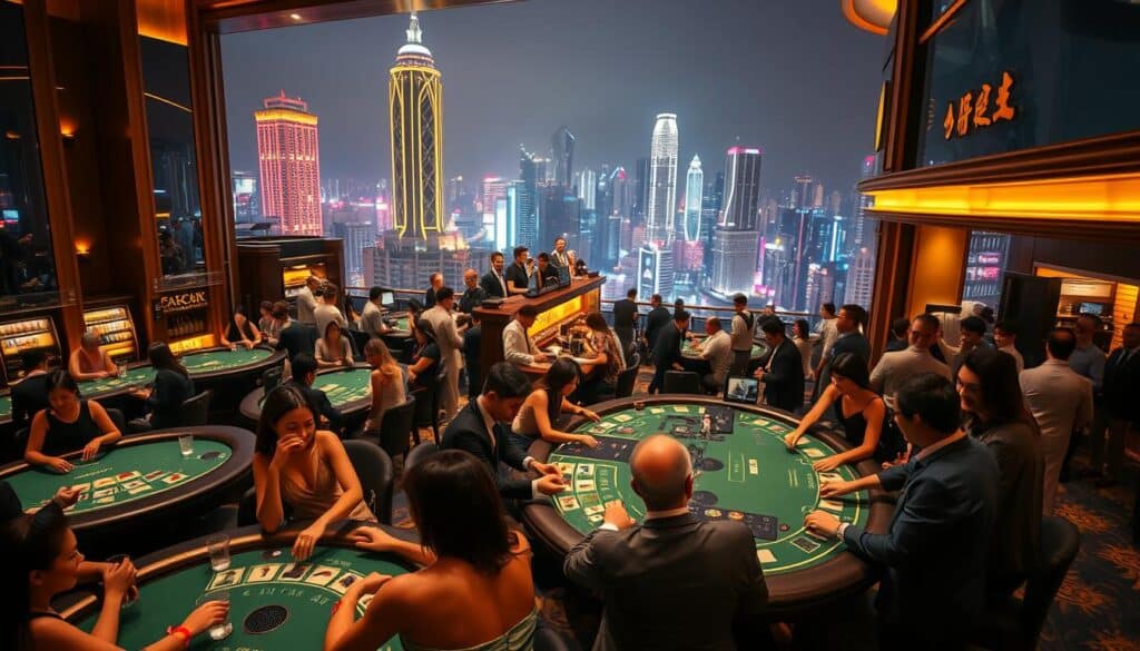 A bustling casino scene in Taipei, Taiwan. In the foreground, a group of players engages in lively Baccarat games, their faces alight with excitement. The tables are adorned with green felt and surrounded by glamorously dressed patrons. The middle ground features a lively bar area, with bartenders expertly mixing cocktails and servers navigating through the crowd. The background showcases the city's skyline, with towering skyscrapers and neon signs illuminating the night sky. The atmosphere is electric, capturing the popularity and allure of Baccarat among Taiwanese players. Warm, golden lighting casts a inviting glow over the entire scene, creating a sense of energy and excitement.