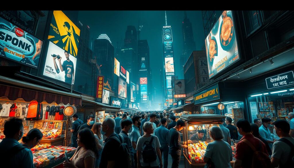 A bustling city market competition environment, captured with a wide-angle lens and dramatic lighting. In the foreground, vendors jostle to showcase their wares, haggling and negotiating with determined customers. The middle ground reveals a diverse array of stalls and storefronts, each vying for attention. In the background, towering skyscrapers and billboards suggest the scale and intensity of the urban marketplace. The scene conveys a sense of energy, dynamism, and the relentless pursuit of commercial success amidst a crowded, competitive landscape.