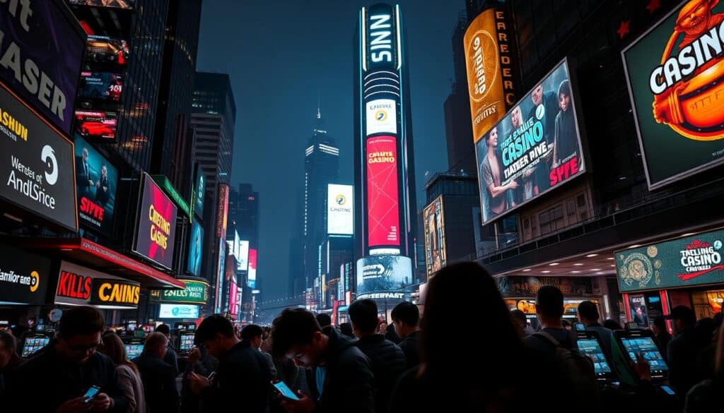 A bustling cityscape at night, with towering skyscrapers and neon-lit billboards advertising online gambling platforms. In the foreground, a group of people hunched over their smartphones, their faces illuminated by the glow of the screens as they engage in virtual casino games. The atmosphere is electric, with a sense of excitement and risk in the air. The lighting is dramatic, with sharp contrasts between the bright neon signs and the shadowy corners of the streets. The perspective is slightly elevated, giving a bird's-eye view of the scene and emphasizing the scale and density of the urban environment. The image conveys the growing popularity and accessibility of online gambling, as well as the allure and potential risks associated with this emerging industry.