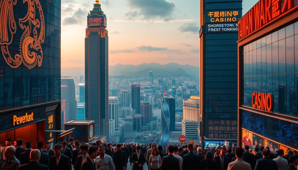 A bustling cityscape of Taipei's emerging casino district, with towering skyscrapers reflecting the neon lights of modern gaming establishments. In the foreground, a throng of well-dressed patrons stream through the entrance of a premier casino, with a sense of excitement and anticipation. The middle ground features a panoramic view of the city's skyline, peppered with sleek, contemporary casino hotel complexes. In the background, the distant mountains provide a serene counterpoint to the dynamic energy of the urban landscape. The scene is bathed in a warm, golden glow, creating an atmosphere of prosperity and sophistication. A wide-angle, cinematic camera angle captures the scale and scope of Taiwan's evolving casino market.
