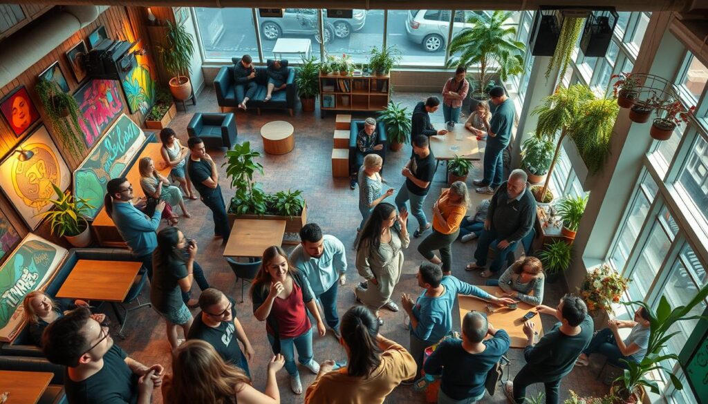 A bustling community hub, where people gather to share experiences and foster connections. In the foreground, a group of animated individuals engaged in lively discussion, their faces alight with enthusiasm. The middle ground showcases a diverse array of seating areas and tables, encouraging informal exchanges and collaboration. In the background, vibrant murals and potted plants create a warm, inviting atmosphere, evoking a sense of inclusivity and belonging. Soft, natural lighting filters through large windows, casting a gentle glow over the scene. An overhead view captures the dynamic interplay of the community, showcasing the importance of social interaction and the exchange of ideas.