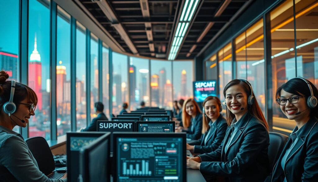 A bustling customer service center set in a sleek, modern office environment. In the foreground, a team of friendly, attentive agents assist players with their inquiries, their faces warm and inviting. The middle ground showcases a mix of digital screens displaying real-time game stats and support resources, while the background features floor-to-ceiling windows overlooking a vibrant city skyline, bathed in warm, natural lighting. The scene conveys a sense of professionalism, efficiency, and a genuine commitment to providing top-notch player support.