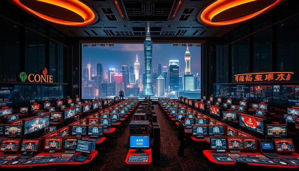 A bustling digital casino floor with rows of online baccarat tables, illuminated by the warm glow of LED screens. Sleek, modern interfaces display live dealer feeds and interactive betting platforms. In the background, a towering cityscape of Taipei skyline, its high-rise towers and neon lights reflecting in the windows. The atmosphere is electrifying, with a sense of anticipation and possibility as players from across Taiwan engage in the thrilling game of online baccarat. Cinematic lighting casts dramatic shadows, creating an air of excitement and high-stakes competition. The scene captures the essence of Taiwan's vibrant online baccarat market, a hub of digital gaming innovation and thrilling entertainment.