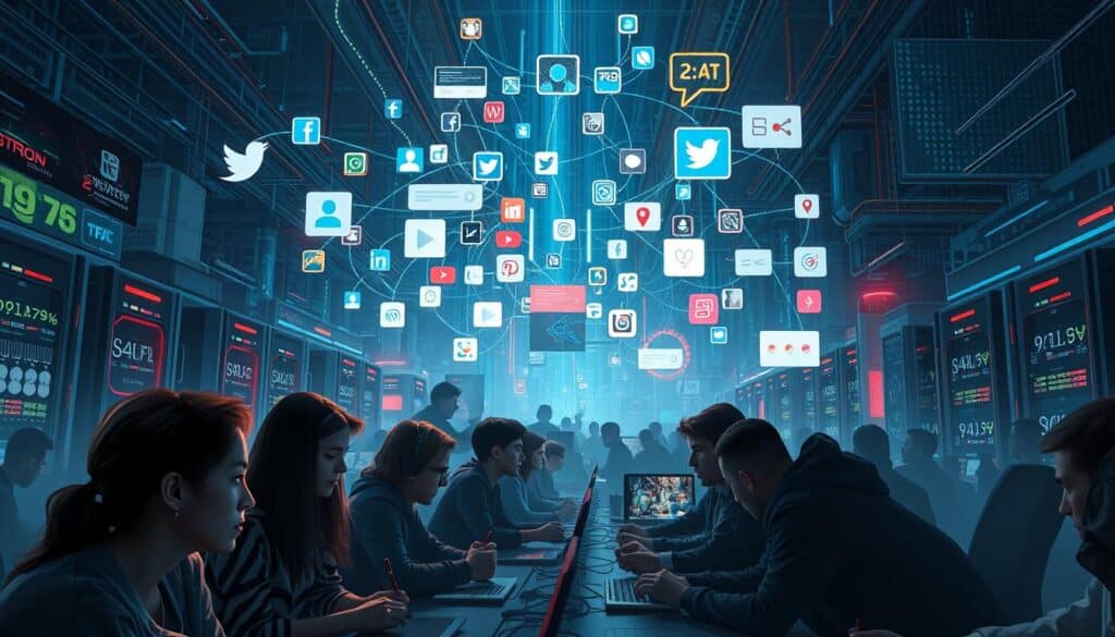 A bustling digital landscape with a central hub representing an online gaming community. The foreground features a group of players immersed in a multiplayer game, their expressions animated and focused. In the middle ground, various social media platforms and messaging apps weave a complex web of interconnectivity, symbolizing the influence of online communities. The background showcases a backdrop of glowing data streams, server racks, and digital infrastructure, hinting at the technological underpinnings that enable these dynamic social interactions. The overall mood is one of vibrant engagement, with a sense of immersion and the far-reaching impacts of networked gaming communities.