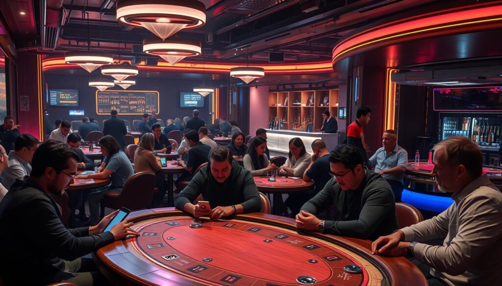 A bustling gaming lounge, dimly lit with neon accents, where players of the classic baccarat game engage in lively discussions. In the foreground, a group of enthusiasts gathered around a stylish wooden table, their faces illuminated by the glow of their devices as they share strategies and compare experiences. The middle ground features an array of plush seating areas, where players deep in concentration contemplate their next moves. In the background, a sleek bar serves as the social hub, where casual conversations and friendly wagers are exchanged under the watchful eye of a discreet croupier. The scene exudes an air of excitement, camaraderie, and the thrill of the game.