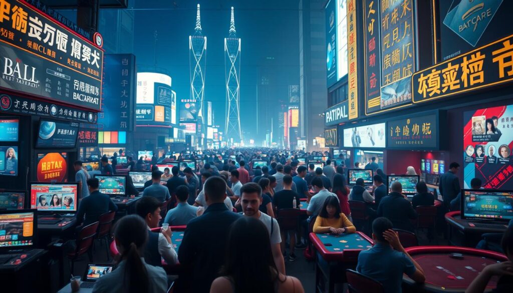 A bustling online Baccarat marketplace in Taiwan, captured in a wide, cinematic shot. The foreground showcases the varied gaming interfaces and interactive platforms used by players, each with their own distinct visual styles. In the middle ground, a sea of avatars and profile images representing the active participants, their faces obscured but their excitement palpable. The background features a sleek, futuristic cityscape, neon-lit towers and digital billboards reflecting the high-tech, fast-paced nature of this online gaming hub. Soft, diffused lighting creates an immersive, almost dreamlike atmosphere, evoking the thrill and anticipation of the Baccarat experience. The overall scene conveys the scale, diversity, and real-time connectivity of Taiwan's vibrant online Baccarat market.