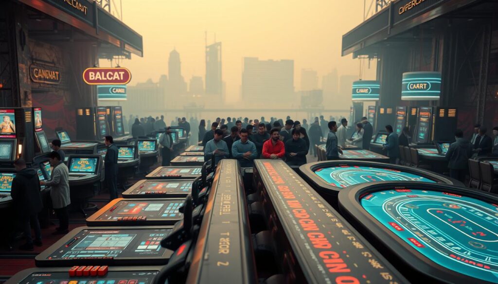 A bustling online baccarat marketplace, with rows of virtual gaming tables and sleek digital interfaces. The foreground features a vibrant array of icons, buttons, and UI elements, inviting players to engage with the interactive experience. In the middle ground, avatars of diverse players huddle around the tables, their faces alight with anticipation. The background showcases a muted, futuristic cityscape, hinting at the technological advancements that power this digital gaming hub. Soft neon hues bathe the scene, creating an alluring, immersive atmosphere. The lighting is balanced, with subtle shadows and highlights that add depth and realism to the composition. The camera angle is a slightly elevated, three-quarter view, allowing the viewer to take in the full scope of the online baccarat marketplace.