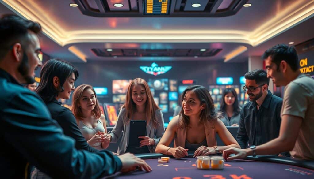 A bustling online casino interface, with players engaged in vibrant social interactions. In the foreground, a group of users avatars animatedly discussing their game strategies and experiences, their expressions and gestures conveying a sense of camaraderie. The middle ground features a sleek, minimalist casino lobby, with smooth lines and soothing lighting, creating an inviting atmosphere. In the background, a subtle array of colorful game icons and notifications subtly highlights the platform's diverse offerings, while maintaining a clean and uncluttered aesthetic. The overall scene evokes a dynamic, yet well-organized online community, where players can seamlessly connect, share insights, and enhance their gaming journeys.