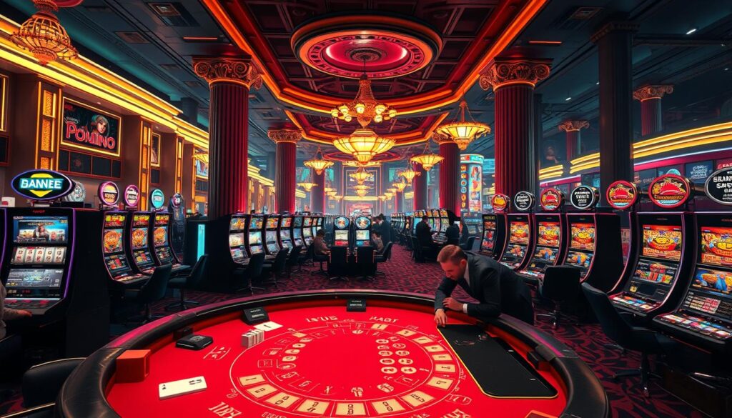 A bustling online casino landscape, illuminated by the warm glow of neon lights. In the foreground, a high-stakes baccarat table, the cards dealt with precision, players leaning in with anticipation. The middle ground features rows of sleek slot machines, their screens and buttons flashing invitingly. In the background, a panoramic view of the virtual casino floor, complete with towering columns, ornate chandeliers, and the hum of activity. The atmosphere is one of excitement and risk, captured through a cinematic, high-definition lens that showcases the intricate details and alluring ambiance of this digital gambling destination.