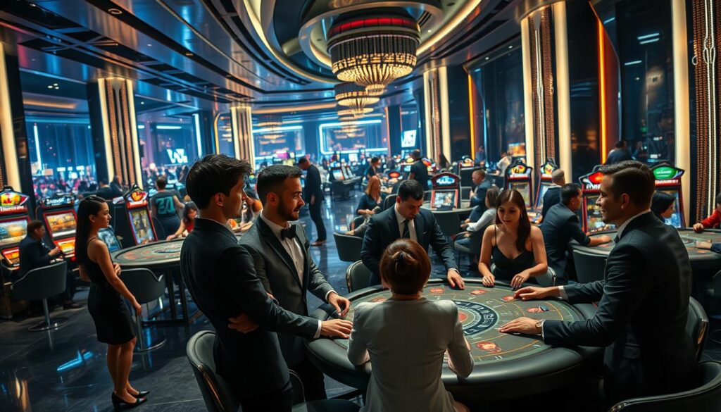 A bustling online casino social platform set in a modern, sleek environment. In the foreground, a group of elegantly dressed individuals engaged in lively conversation and game play around a central gaming table, their expressions animated and focused. The middle ground features additional gaming stations, with players immersed in the thrilling atmosphere. The background showcases a panoramic view of the virtual casino, with sophisticated lighting and architectural elements creating a sense of elegance and exclusivity. The overall mood is one of refined sophistication, where players can interact, socialize, and indulge in the excitement of online gaming in a visually captivating setting.