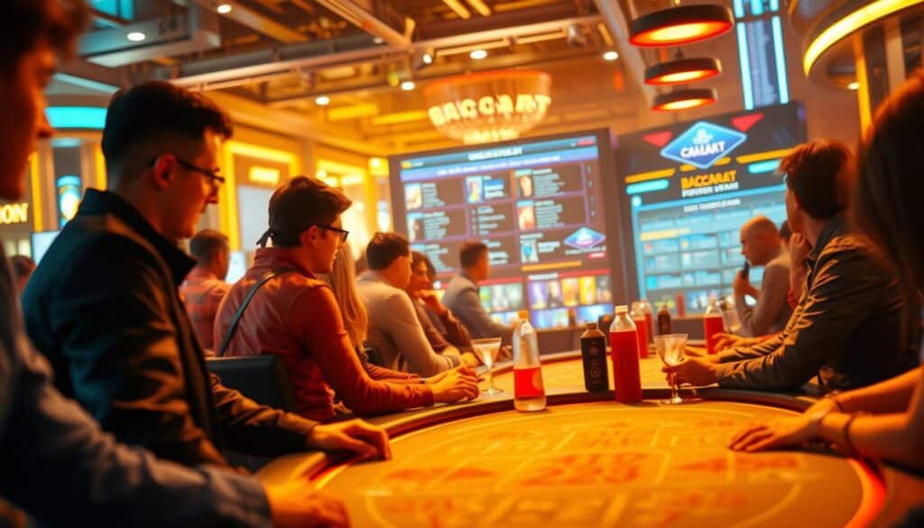 A bustling online community forum centered around the captivating game of Baccarat. In the foreground, lively discussions unfold as players share their strategies, tips, and experiences. The middle ground reveals a vibrant hub of information, with colorful icons and intuitive navigation. In the background, a sleek and modern design sets the tone, drawing users into an immersive world of gaming enthusiasm. Warm lighting casts a welcoming glow, while a subtle depth of field guides the viewer's focus. This dynamic scene captures the essence of a thriving Baccarat enthusiasts' gathering place, where knowledge, camaraderie, and a shared passion for the game come together.