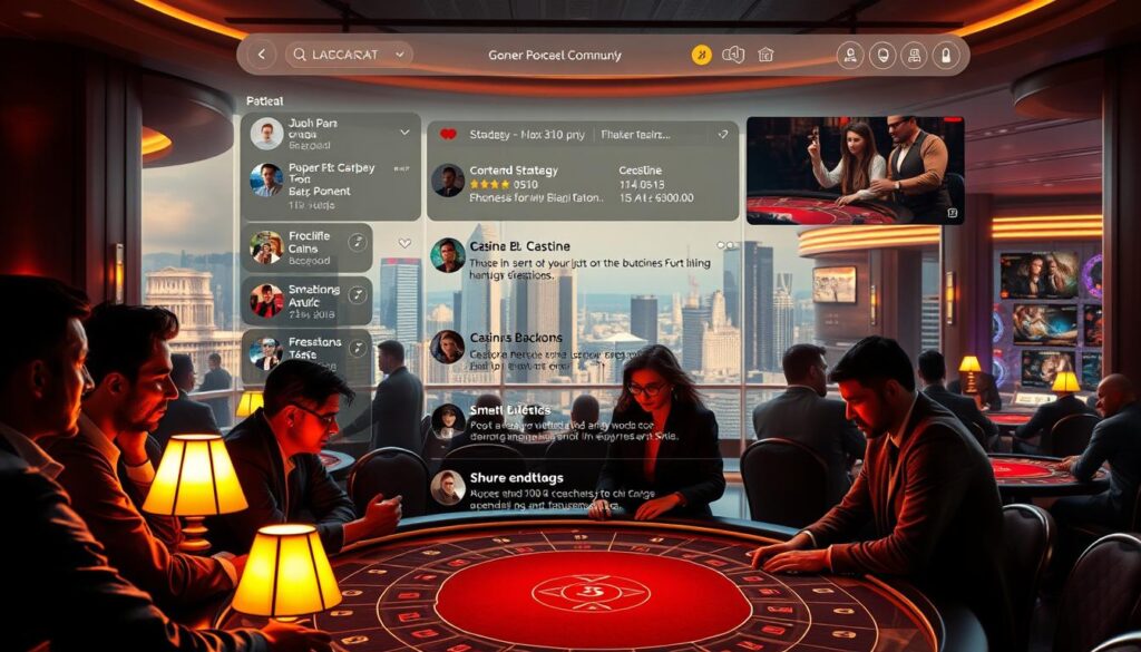 A bustling online community hub for baccarat enthusiasts, with a sleek and modern interface. In the foreground, several players converse animatedly over a luxurious gaming table, their faces lit by the warm glow of table lamps. The middle ground features a scrolling feed of game updates, strategy discussions, and player profiles. In the background, a panoramic view of a high-end casino overlooks the bustling city skyline, creating a sense of immersion and exclusivity. Soft, diffused lighting sets a contemplative mood, inviting users to engage, learn, and share their passion for the game of baccarat.