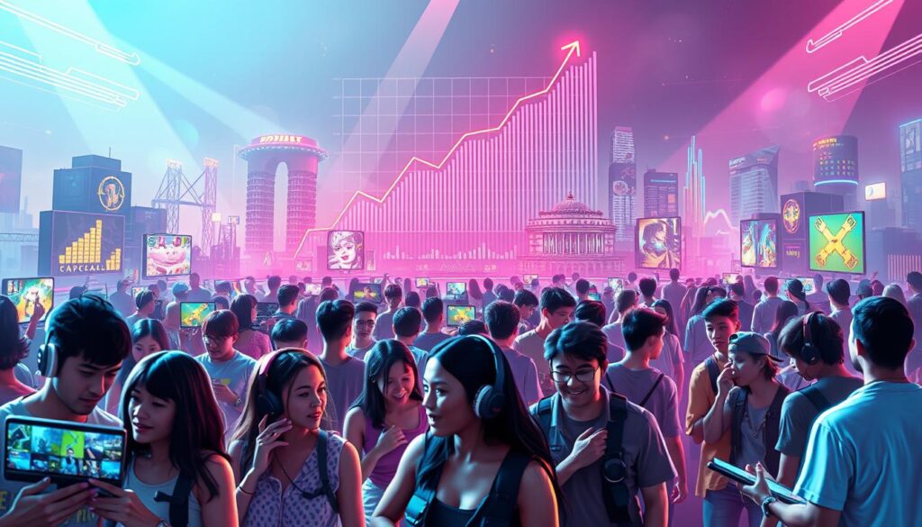A bustling online entertainment platform in a vibrant digital landscape. The foreground features a group of dynamic users engaged in lively interactions, their expressions animated and gestures expressive. The middle ground showcases a diverse array of game icons and interactive elements, hinting at the platform's expansive offerings. In the background, a towering data visualization displays exponential growth curves, symbolizing the platform's soaring potential. Soft, directional lighting illuminates the scene, casting a sense of energy and optimism. The overall composition conveys the idea of a thriving online community, where users seamlessly connect and immerse themselves in an evolving world of digital entertainment.