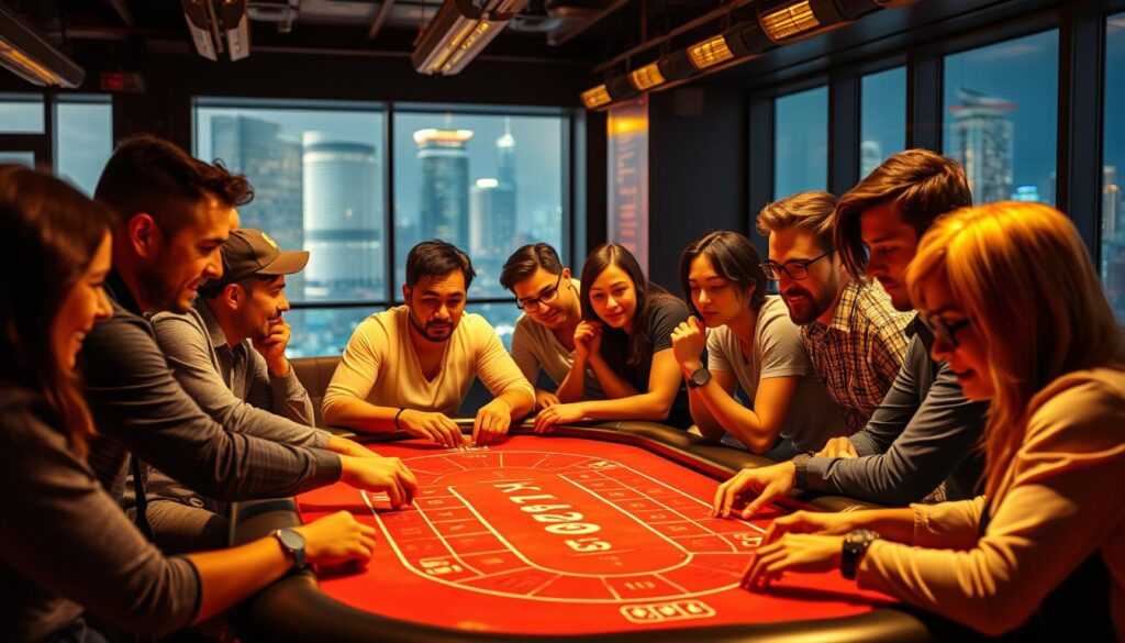 A bustling online gaming community, with a vibrant and engaged group of players gathered around a table, intensely focused on a live game of Baccarat. The table is illuminated by warm, golden lighting, casting a cozy and inviting atmosphere. In the background, a blurred cityscape can be seen through large windows, hinting at the modern, urban setting. The players' expressions are animated, reflecting the thrill and excitement of the game. The scene conveys a sense of camaraderie and shared passion for the pursuit of chance and strategy. The overall composition suggests a dynamic, lively, and immersive online gaming hub, where enthusiasts come together to exchange insights, strategies, and the thrill of the game.