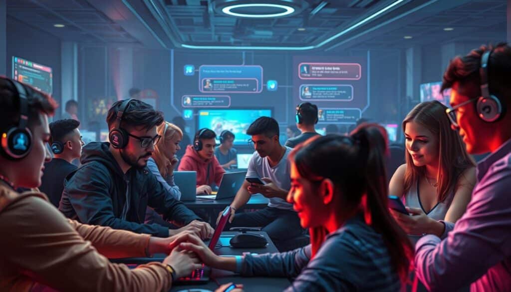 A bustling online gaming community, with players engaged in vibrant interactions across various digital platforms. The foreground features a group of players collaborating on strategy, their expressions animated as they exchange ideas. In the middle ground, players from diverse backgrounds converse in text and voice chat, forging connections that transcend physical boundaries. The background showcases a sleek, contemporary gaming interface, with minimalist design elements and subtle lighting that creates a sense of immersion. The overall atmosphere conveys a dynamic, socially-driven gaming experience, in contrast to the more solitary nature of traditional casino environments.